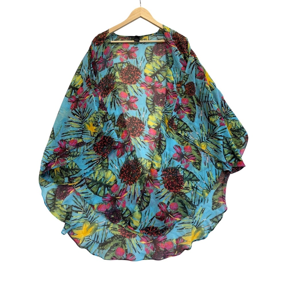 Steve Madden Kimono Cover Up Women OSFM Blue Tropical Floral Sheer